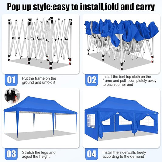 COBIZI 10x20 Pop Up Canopy with 6 Sidewall, Commercial Canopy UPF 50+ Waterproof Outdoor Gazebo with Carry Bag, Tents for Parties with Upgrade Frame, 3 Height Adjustable, Blue