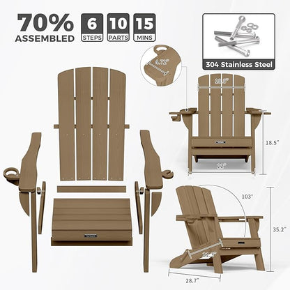 Folding Adirondack Chair Wood Texture 4 Pack, HDPE All-Weather Fire Pit Chairs, Plastic Adirondack Chairs with 2 Cup Holder, Outdoor Lawn Chair for Patio Garden (Teak)