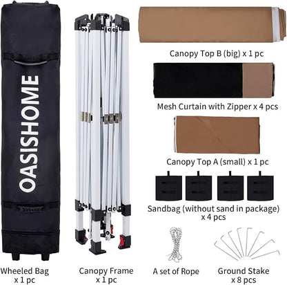 OASISHOME Pop-up Gazebo Portable Instant Canopy Tent 12x12, One-Push Locking System, with 4 Mesh Sidewall, Wheeled Bag, for Patio/Backyard/Outdoor/Parties/Events (Khaki)