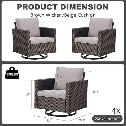 Luxury Outdoor Swivel Patio Chairs Set of 4, Wicker Swivel Outdoor Chairs Set of 4, 4 Piece Patio Furniture Set for Porch, Deck, Sunroom, Yard, Poolside, Brown/Beige
