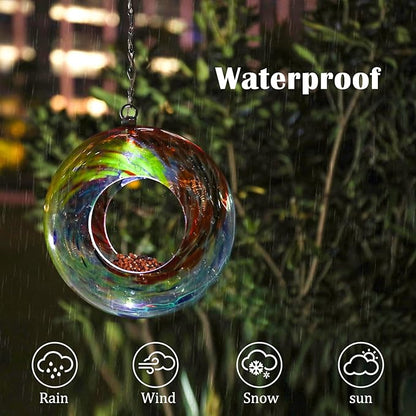 VCUTEKA Bird Feeder Solar Fly Through Bird Feeders for Outside Hanging with Round Shape Glass Container to Attract Wild Birds for Garden Decor, Solar Birdfeeder as Gift for Lovers, Red 8-Inch