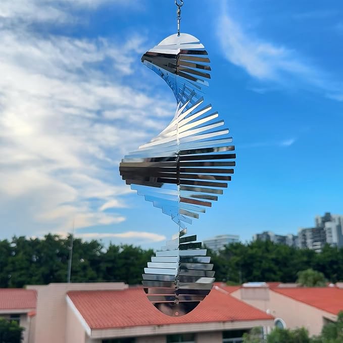 Hanging Wind Spinners,3D Spiral Highly Reflective Stainless Steel Metal Wind Spinner Outdoor Garden Decor,Decorations to Scare Away Yard Birds 13.8in