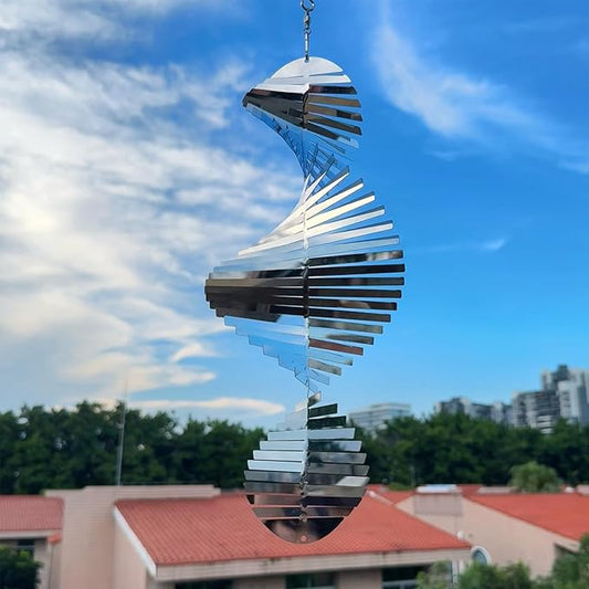 Hanging Wind Spinners,3D Spiral Highly Reflective Stainless Steel Metal Wind Spinner Outdoor Garden Decor,Decorations to Scare Away Yard Birds 13.8in