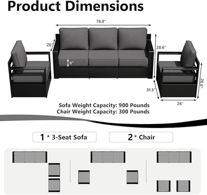 Outdoor Patio Furniture Set, 3-Piece Aluminum Patio Conversation Set All-Weather Metal Outdoor Sectional with 6 Inch Thick Cushions, Deep Setting for Garden, Outside and Porch