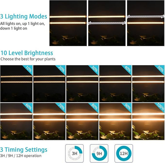 LED Grow Light Strips for Indoor Plants Full Spectrum 3500K, 96 LEDs Plant Light Bar with 3/9/12H Timer, 10 Dimmable Levels for Seedling Succulent, 13 Inches 2 Head