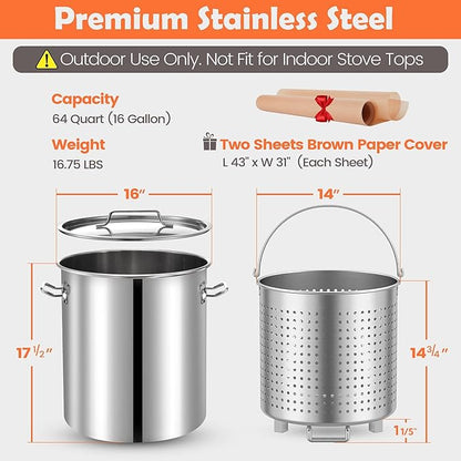 ARC 64QT Seafood Boiling Kit, 200,000BTU Stainless Steel Propane Burner And Crawfish Boil Pot With Strainer, Wheeled Legs and 360°Windscreen For Outdoors Cooking and Steaming, Large Turkey Fryer Pot