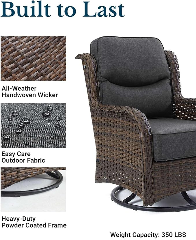 HILLGA Luxury Patio Furniture Set with 6-Inch Thick Cushions, High Back Outdoor Swivel Rocker Chairs and Table, 6-Piece All Weather Conversation Set for Porch Deck Balcony Yard, Dark Grey (V3)