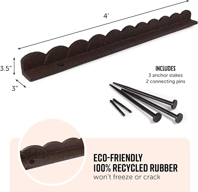 Playsafer L Shaped Flexible Rubber Scalloped Edger for Lawns Landscaping and Playground | Easy No Dig Installation| 4' Long (4, Brown)