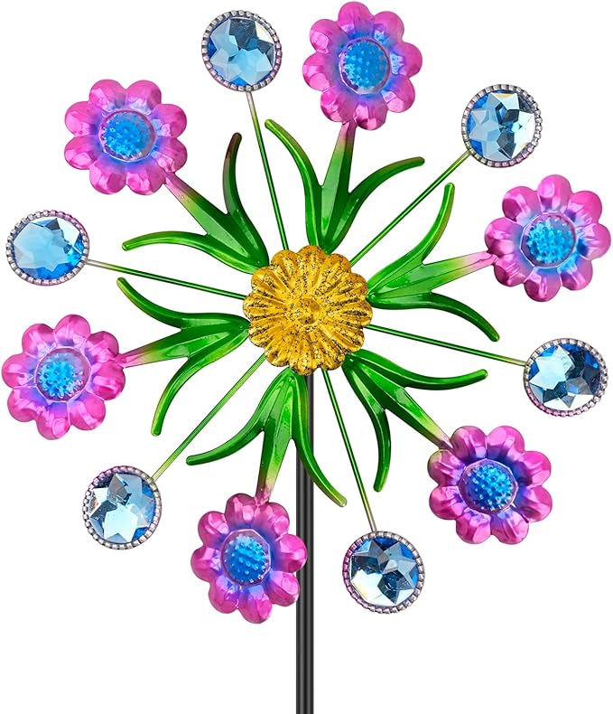 Purple Flowers Outdoor Wind Spinner, 36" Metal Wind Sculpture with Stake, Wind Spinners for Yard and Garden Lawn Patio Decor