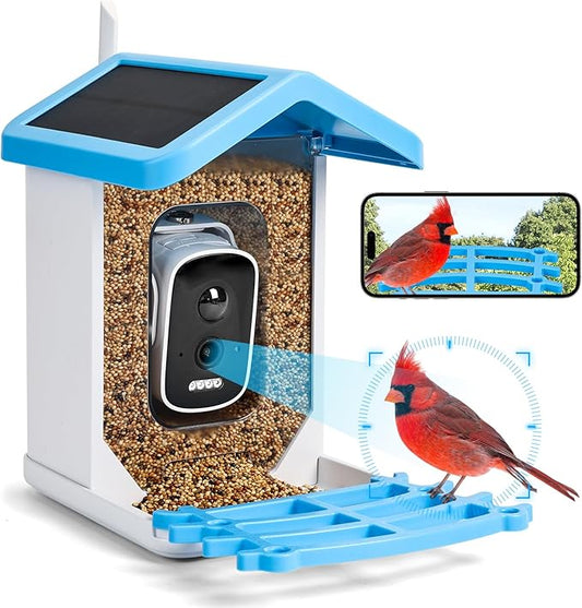 Smart Bird Feeder with Camera Solar Powered & Wireless Outdoor, HD Auto-Capture with Instant Alerts, Live Video Streaming via 2.4G WiFi, Weatherproof Auto-Recording Design, Gift for Bird Lovers