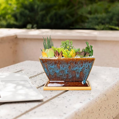 ARTKETTY Succulent Pots - 7 Inch Large Plant Pot with Drainage Tray, Shallow Ceramic Pots for Indoor Plants, Modern Cactus Bonsai Plant Container Decorative Home Office