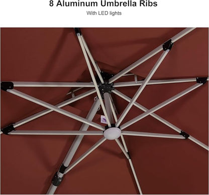 PURPLE LEAF 9 Feet Solar Powered LED Square Cantilever Umbrella With Base Patio Umbrellas Windproof Hanging Umbrella Outdoor Offset Umbrellas, Brick Red