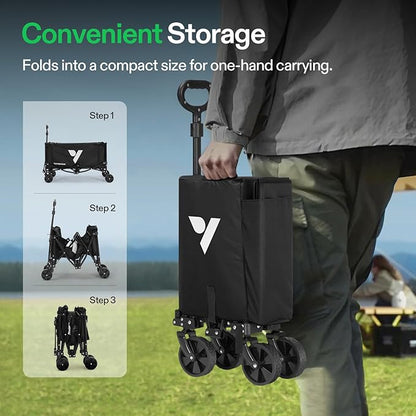 VIVOSUN Collapsible Wagon with Side Gates, 220lb Load-Bearing Outdoor Utility with All-Terrain Wheels, Adjustable Handle, Cup Holders for Camping, Shopping, Garden, Sports, Picnic, Black
