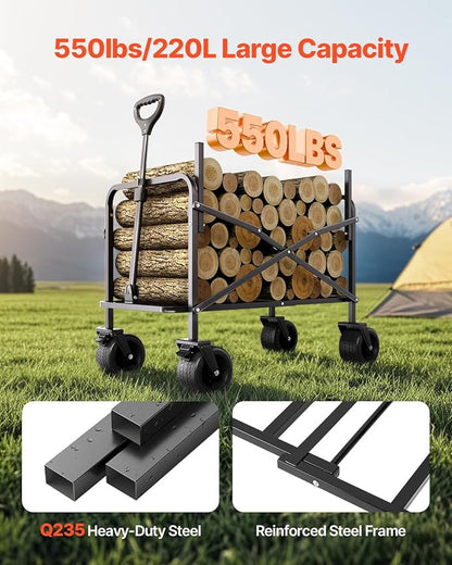 VEVOR 3-in-1 550lbs/220L Large Collapsible Folding Wagon, Convert to Bench, Foldable Beach Wagon with Wheels for Sand, Outdoor Utility Wagon for Groceries, Camping, Sports, Shopping