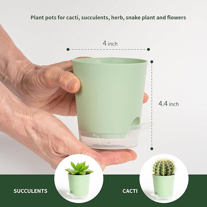 4 Inch 5 Pack Small Self Watering Pots for Indoor Plants, Nursery Pot with Drainage Holes and Saucers, Plastic Small Flower Planter for Succulent, Aloe, Cacti and More(Green)