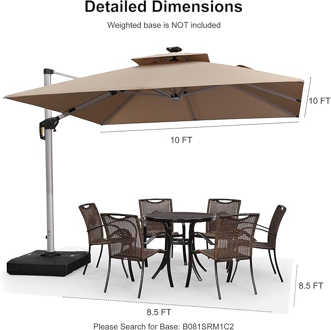PURPLE LEAF 10 Feet Double Top Deluxe Solar Powered LED Square Patio Umbrella Offset Hanging Umbrella Outdoor Market Umbrella Garden Umbrella, Beige