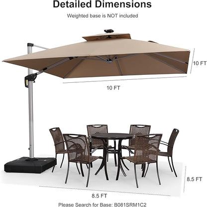 PURPLE LEAF 10 Feet Double Top Deluxe Solar Powered LED Square Patio Umbrella Offset Hanging Umbrella Outdoor Market Umbrella Garden Umbrella, Beige