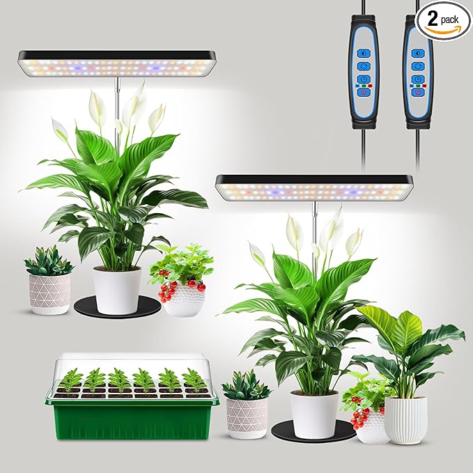 Grow Light, Full Spectrum Desktop Plant Lights for Indoor Growing Seedling 2 Pack, Large Area Lighting LED Grow Lamp with Base, Height Adjustable 26 Inch Black with 6/12/16H Timer