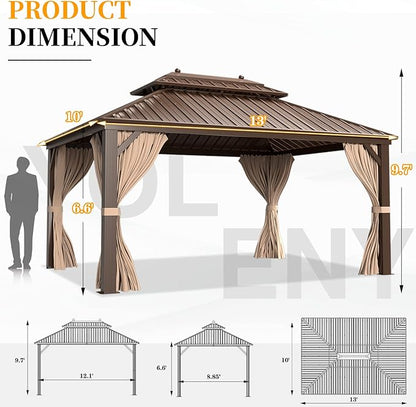 YOLENY 10' X 13' Hardtop Gazebo Galvanized Steel Outdoor Patio Gazebo Canopy Double Roof Pergolas Aluminum Frame with Netting and Curtains for Garden, Patio, Lawns, Parties