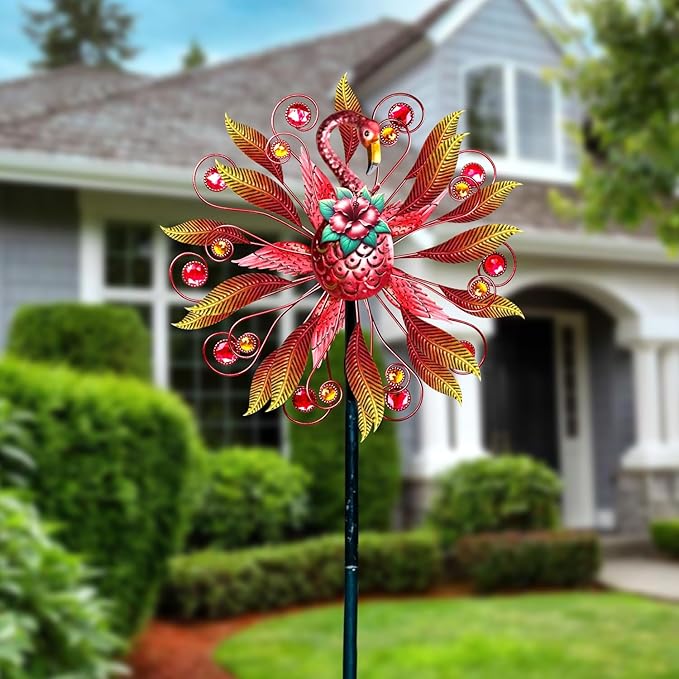 Flamingo Wind Spinner for Garden, Double Wind Sculpture Flamingo Wind Spinner for Garden Patio Yard Decor