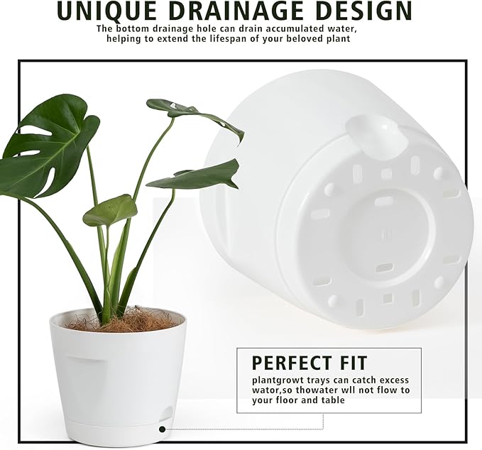 5 Pack Plastic Planters with Drainage, Self Watering Pots for Indoor Plants, Small Cute Plastic Pots in 5 Sizes, Ideal for Indoor Plants (White)