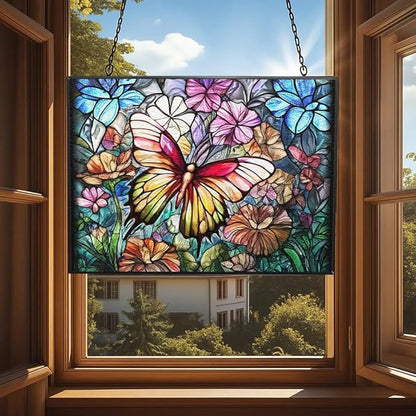 Rectangle Butterfly Suncatchers for Windows, Stained Glass Window Hangings,Hand-Painted Glass Panel Perfect for Home Décor