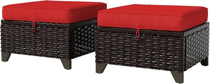 Vista Vibe 2 Pieces Patio Wicker Ottomans, Luxurious Footstools, Outdoor Small Footrest, Wicker Furniture with Removable Cushions,All-Weather PE Rattan, Garden, Backyard, Porch(Brown/Red)