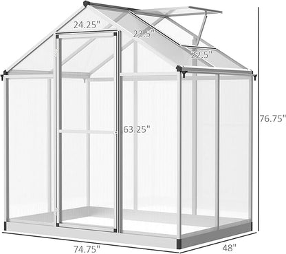 Outsunny 4' x 6' Greenhouse for Outdoors, Polycarbonate Greenhouse with Rain Gutter and Roof Vent, Aluminum Walk-in Green Houses for Outside Patio Backyard Garden