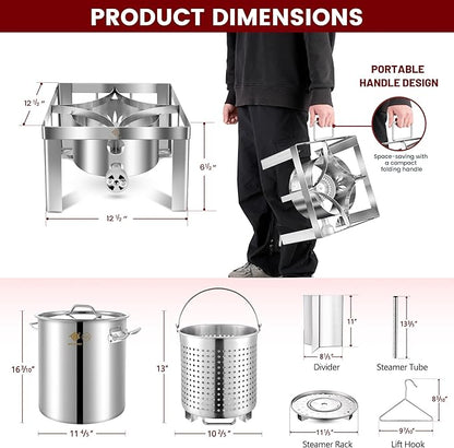 ARC 32QT Stainless Steel Stock pot with 55,000BTU Propane Burner, 6-Piece For Seafood Boil Pot with Basket and Steamer Rack,Cookware for Crawfish Crab Shrimp Lobster Boiling Pot, Turkey Fryer Pot