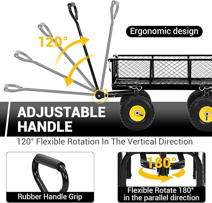 550 Lbs Steel Garden Cart. Heavy Duty Metal Garden Wagon with 10" Wheels, Pullable Metal Garden Wagon w 180° Rotating Handle and Removable Sides for Farm, Yard,