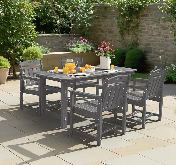 Ciokea HDPE Outdoor Dining Set 5-Piece Patio Table and Chairs with Umbrella Hole, All-Weather Patio Dining Set for 4, Durable Patio Furniture Set for Backyard, Garden, Lawn & Poolside, Grey