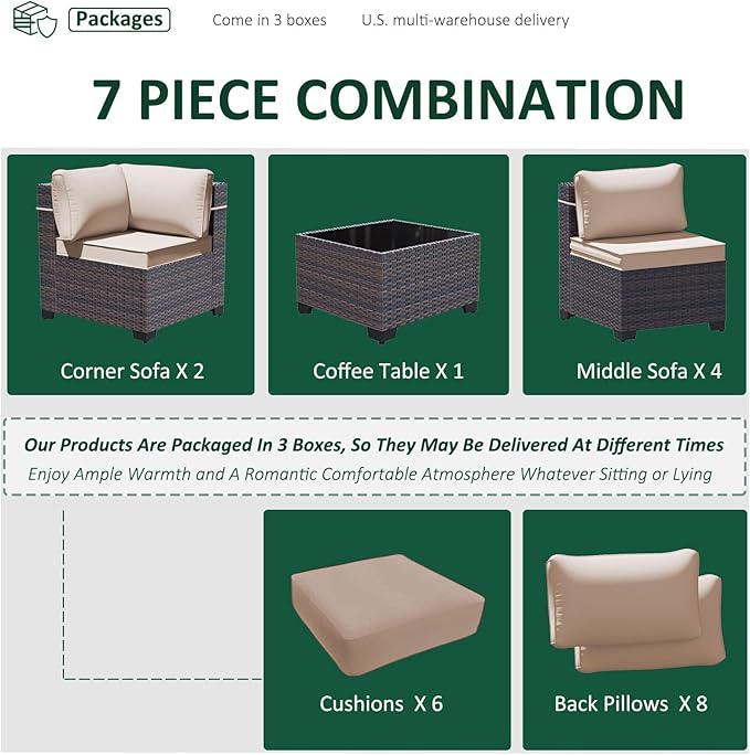 Outdoor Patio Furniture Set, 7 Pieces Outdoor Furniture All Weather Patio Sectional Sofa PE Wicker Modular Conversation Sets with Coffee Table,6 Chairs & Seat Clips Brown
