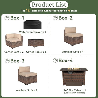 Aoxun 12 Piece Patio Furniture Set with 44” Fire Pit Table Wicker Rattan Outdoor Sectional Sofa Set with Coffee Table and Thickened Cushions, Beige (Waterproof Cover Included)