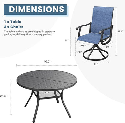 DIFY 5 Pieces Outdoor Patio Dining Set, 4 Blue Textilene Swivel Dining Chairs and 40.6" Black Round Metal Dining Table, Outdoor Table and Chairs