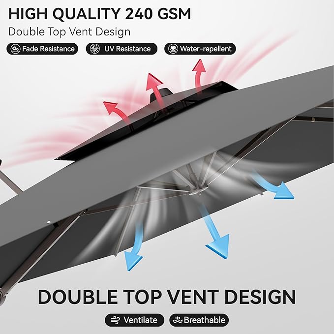 10x13 FT Patio Umbrella, Large Cantilever Rectangular Double Top Heavy Duty Offset Umbrellas with 360° Rotation, Outdoor shade for Garden Deck Pool Patio, Gray