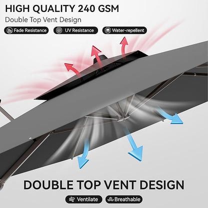 9x12 FT Patio Umbrella with base, Large Cantilever Rectangular Double Top Heavy Duty Offset Umbrellas with 360° Rotation, Outdoor shade for Garden Deck Pool, Gray