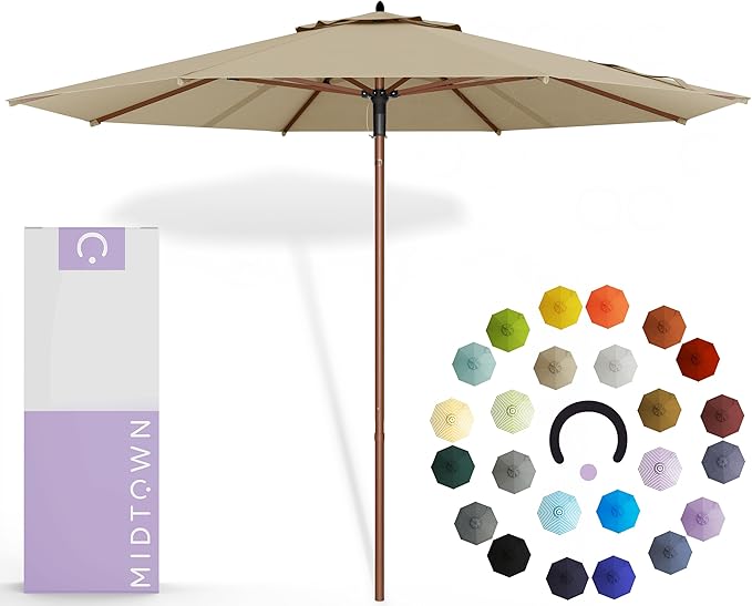 Midtown Umbrellas The Wooden 9 Feet Patio Umbrella With Terylast Chestnut (Beige) Polyester Fabric - Aluminum Frame Market Umbrella For Backyard, Deck, Garden, Pool - Wooden Pole