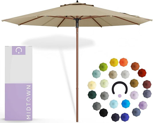 Midtown Umbrellas The Wooden 8 Feet Patio Umbrella With Terylast Chestnut (Beige) Polyester Fabric - Aluminum Frame Market Umbrella For Backyard, Deck, Garden, Pool - Wooden Pole