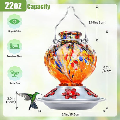 BOLITE Hummingbird Feeder, Hand Blown Glass Hummingbird Feeders for Outdoors Hanging, with 5 Feeding Ports, 22 Ounces, Peony Flower Shape, Orange, Gifts for Women Men, Gifts for Mom Dad