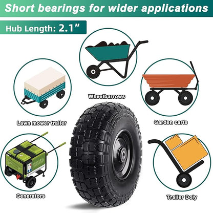 12'' Flat Free Tires Rubber Replacement Solid Tire and Wheel Assemblies for Hand Trucks Garden Cart Wheelbarrow - 3.5”Wide Polyurethane Tires 2.1 Hub with 5/8 Inch Axle Borehole (410/350-6)