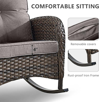 HUMMUH 5-Piece Outdoor Patio Furniture PE Wicker Patio Conversation Set,All-Weather Outdoor Rocking Chairs with Patio Couch Tables for Backyard,Poolside,Deck