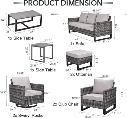 9 Piece Wicker Patio Furniture Set - Outdoor Swivel Rocker Chairs Set with Coffee Table, Rattan Chairs, 3 Seat Sofa & Ottomans, Patio Conversation Sets for Bcakyard Deck - Grey/Beige