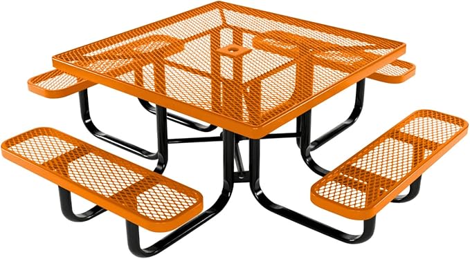 COATEDOUTDOORFURNITURE Heavy-Duty Portable Outdoor Kids Table with Umbrella Hole, Expanded Metal Kids Picnic Table, Commercial-Grade, Made in America (46 in, Square, Childrens, Orange)