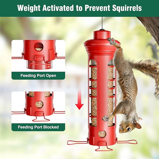 Squirrel Proof Metal Bird Feeder, Removable Base for Cleaning, Weight Activated Perches, 3 Lbs Capacity, Weatherproof & Rust Proof, Outdoor Hanging Bird Feeder for Cardinals, Finches