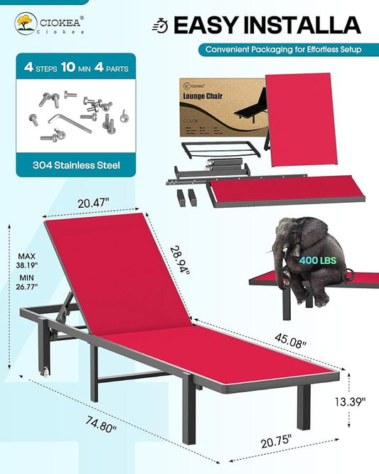 Patio Chaise Lounge Chair Set of 2, Outdoor Lounge Chairs with Wheels, 5-Position Adjustable Sun Loungers for Pool, Deck, Beach,Red