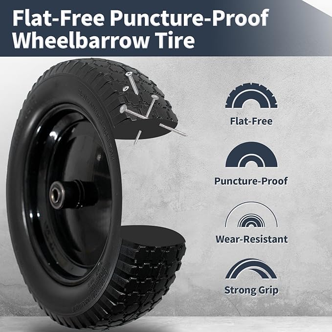 Wheelbarrow Tire 4.80/4.00-8 Flat Free Solid Tire Wheel 14.5 Inch, Replacement Heavy Duty Wheel, with 5.8" and 3.4" Bearings 3" Center Hub, fits Garden Cart, Dolly, Hand Truck, Trailer, Wagon, 1 Pcs