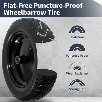 Wheelbarrow Tire 4.80/4.00-8 Flat Free Solid Tire Wheel 14.5 Inch, Replacement Heavy Duty Wheel, with 5.8" and 3.4" Bearings 3" Center Hub, fits Garden Cart, Dolly, Hand Truck, Trailer, Wagon, 1 Pcs