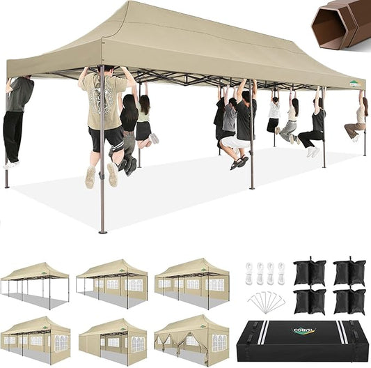 COBIZI 10x30 Heavy Duty Pop Up Canopy with 8 Sidewalls and Hexagonal Legs, Easy up Tent for Parties, Wedding and Commercial, Outdoor Canopy with Carry Bag, Sand Bags, Waterproof & UPF50+ (Khaki)