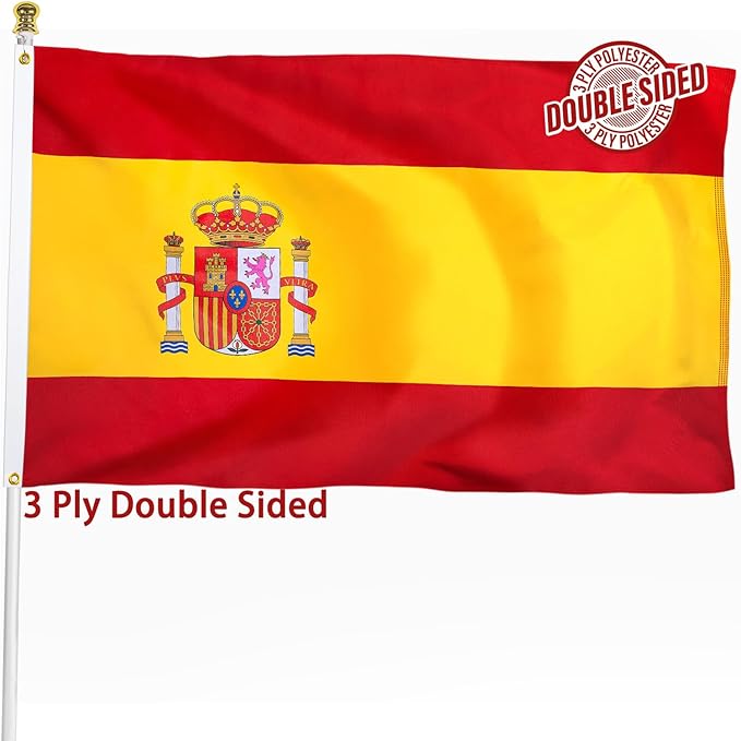 Spain Spanish Flag 3x5 ft Outdoor, Double Sided 3 Ply Heavy Duty Spain National Country Flag, 100% Quality Polyester Spanish Banner with Brass Grommets 4 Rows Stitches