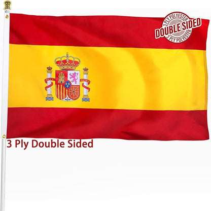 Spain Spanish Flag 3x5 ft Outdoor, Double Sided 3 Ply Heavy Duty Spain National Country Flag, 100% Quality Polyester Spanish Banner with Brass Grommets 4 Rows Stitches
